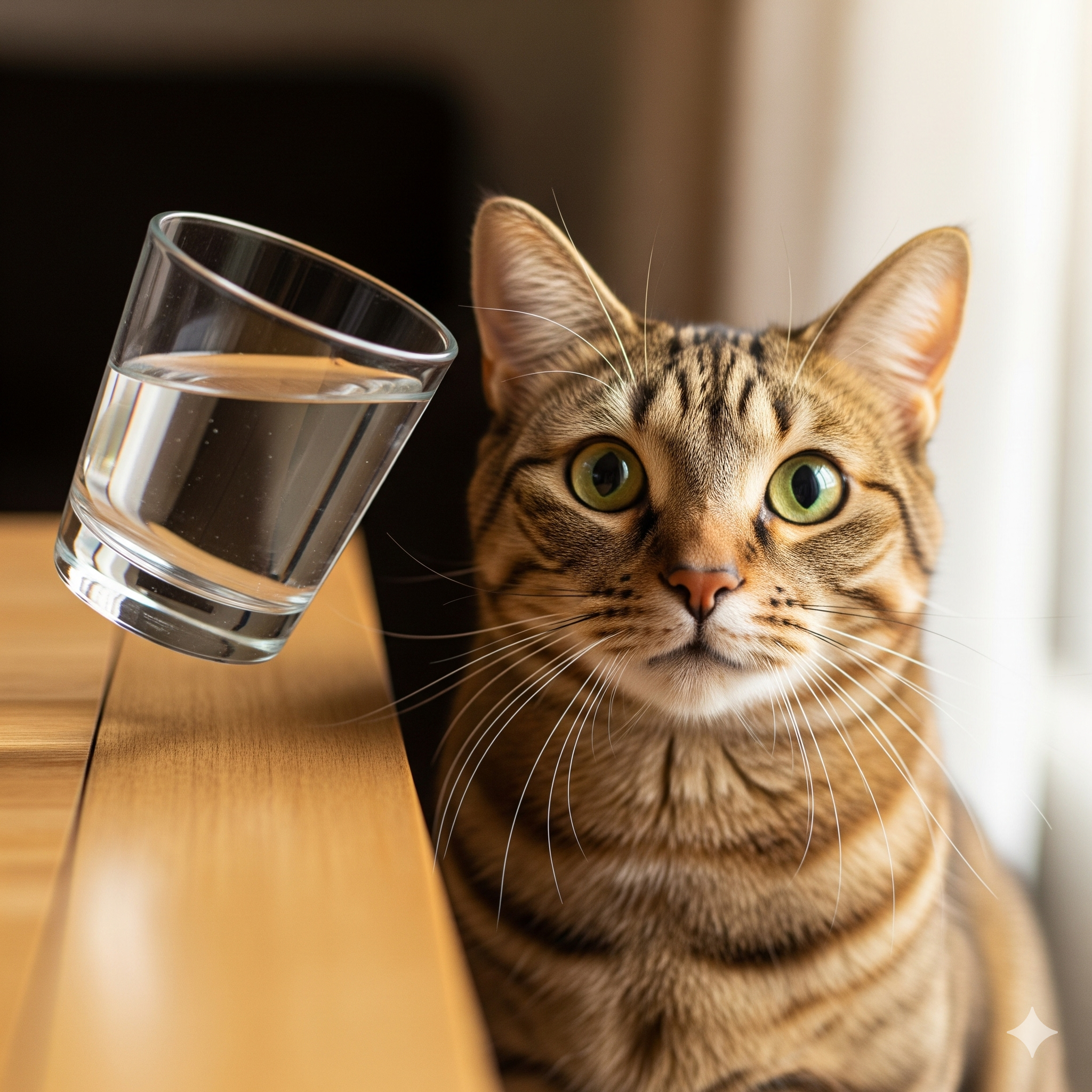 A cat looking directly at the camera with a glass of water precariously placed at the edge of a table nearby.