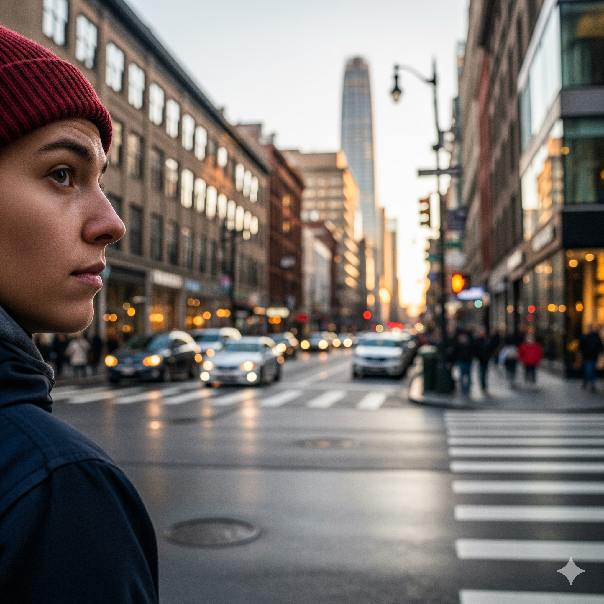 A person looking at a city street with some elements blurred, representing divided attention.