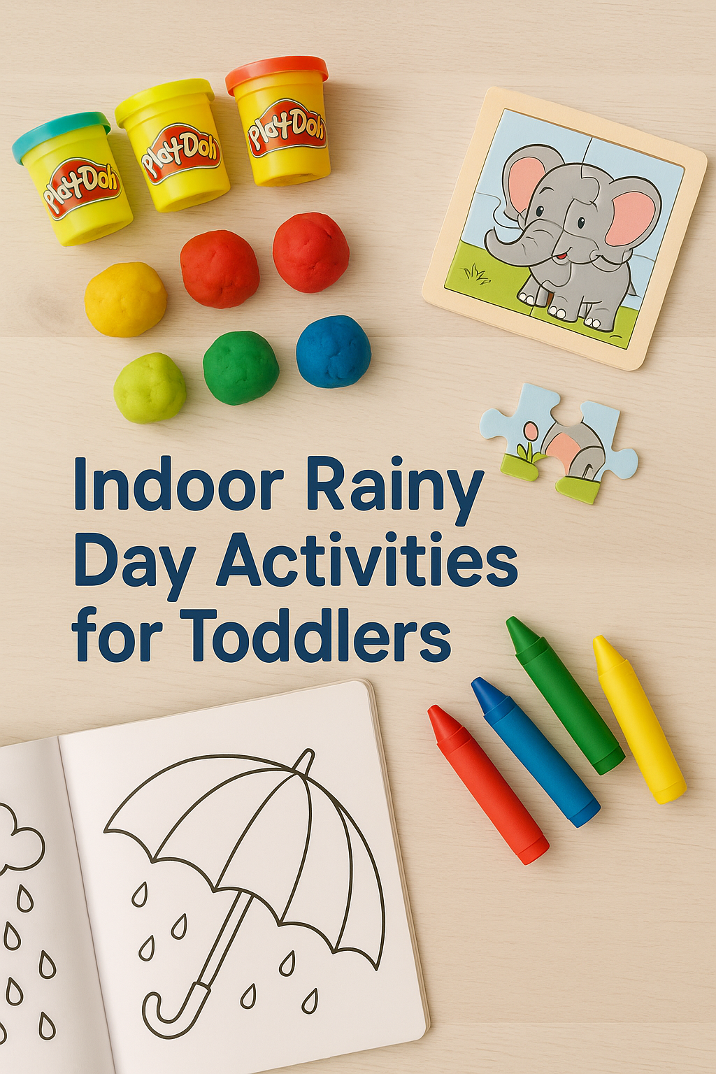 A smiling toddler peeking out from a cozy blanket fort built in a living room on a rainy day.
