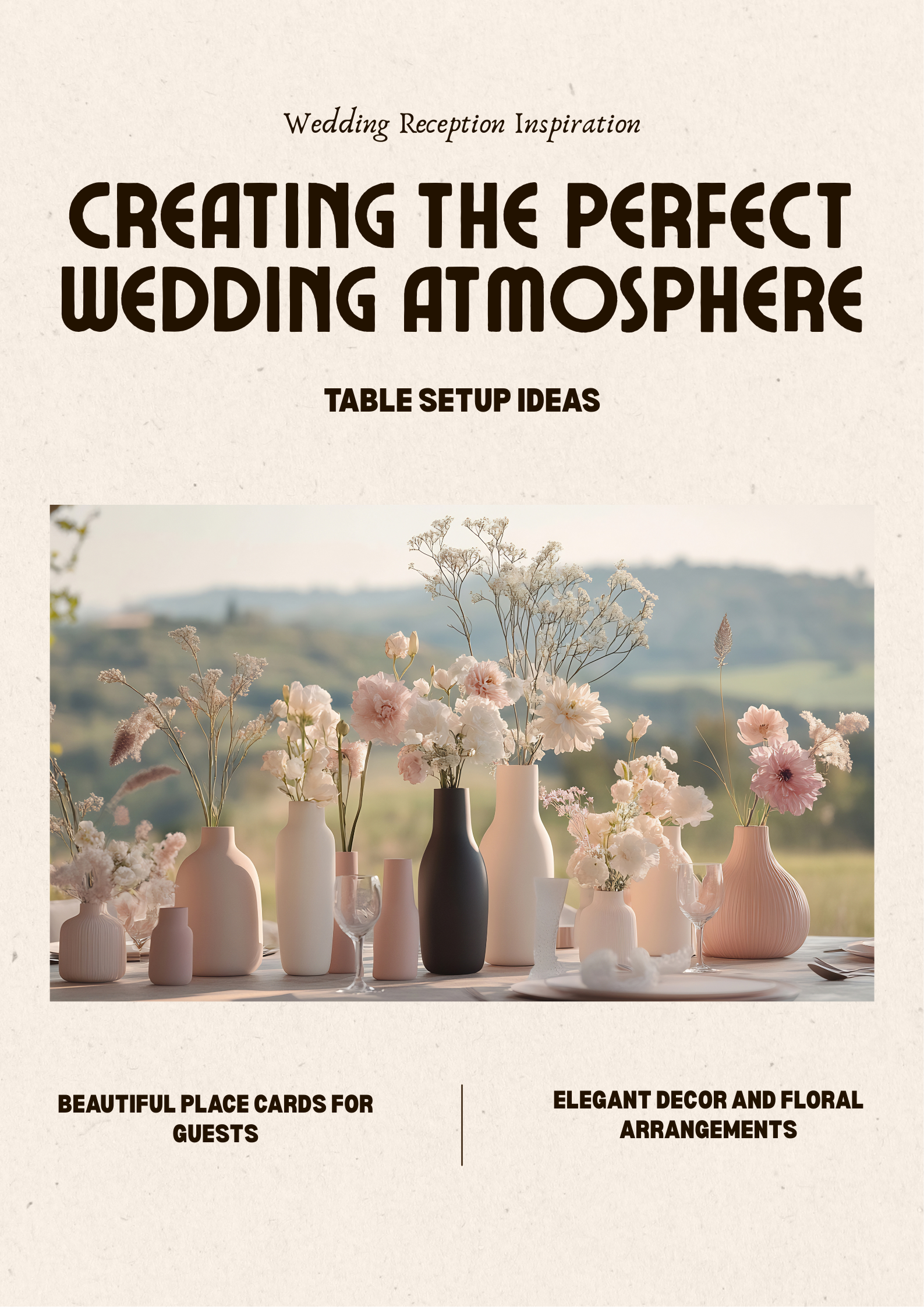 An elegant wedding reception table setup with place cards and floral arrangements.